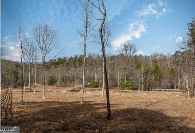 view of yard with a rural view, fence, and a view of trees