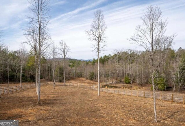 view of yard featuring fence, a wooded view, and a rural view