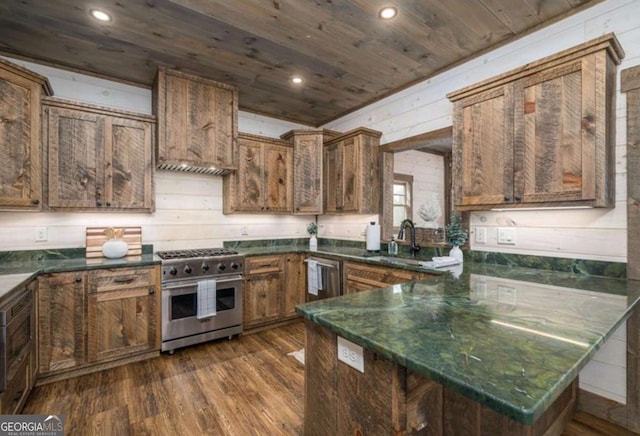 kitchen featuring dark countertops, wooden ceiling, appliances with stainless steel finishes, and dark wood-style flooring