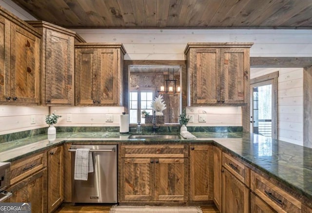 kitchen featuring brown cabinets, a sink, wooden walls, wooden ceiling, and dishwasher