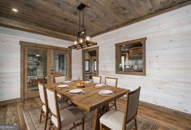 dining area featuring dark wood-type flooring, wood ceiling, and wooden walls