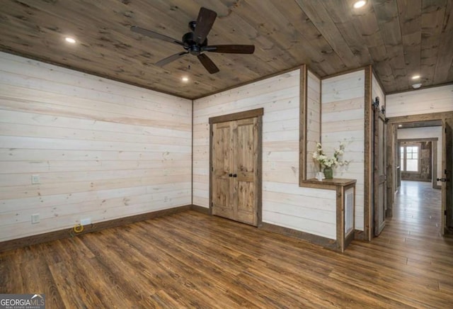 spare room with recessed lighting, wooden ceiling, wood walls, and dark wood-style flooring