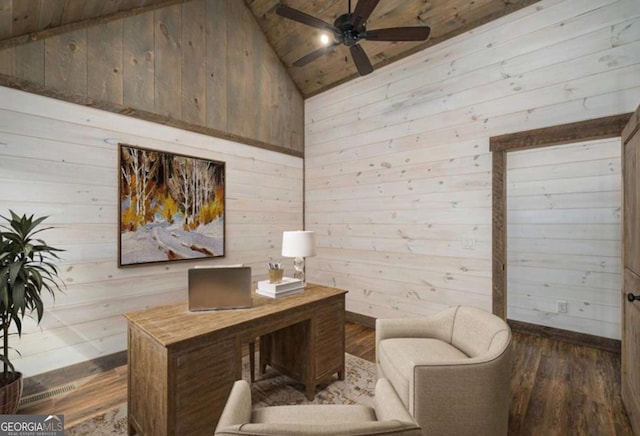 home office with lofted ceiling, ceiling fan, wood walls, and wood finished floors