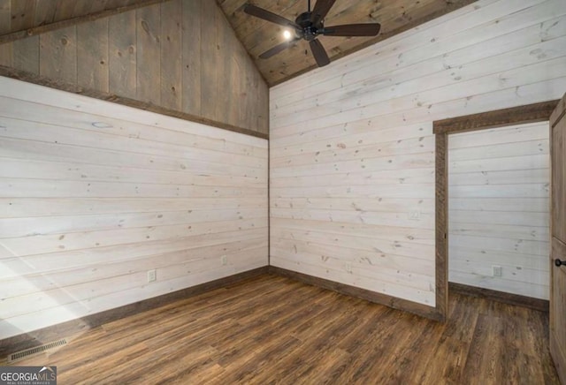 empty room with lofted ceiling, dark wood-style floors, visible vents, and wooden walls