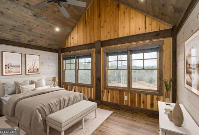 bedroom with wooden ceiling, multiple windows, and wooden walls