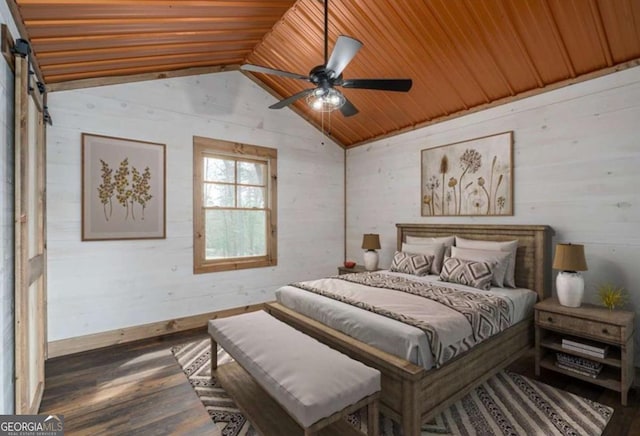 bedroom with ceiling fan, wooden ceiling, baseboards, vaulted ceiling, and dark wood finished floors