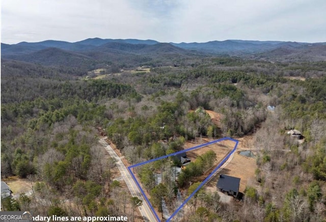 birds eye view of property featuring a forest view and a mountain view