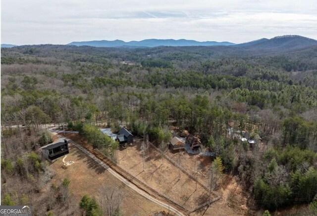 drone / aerial view featuring a mountain view and a forest view