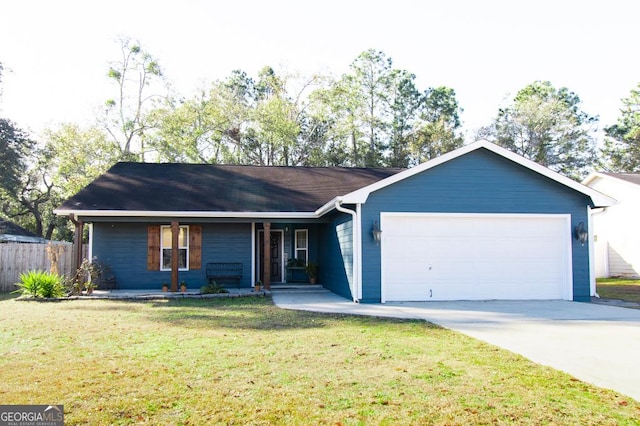 ranch-style house featuring a garage, concrete driveway, a front yard, and fence