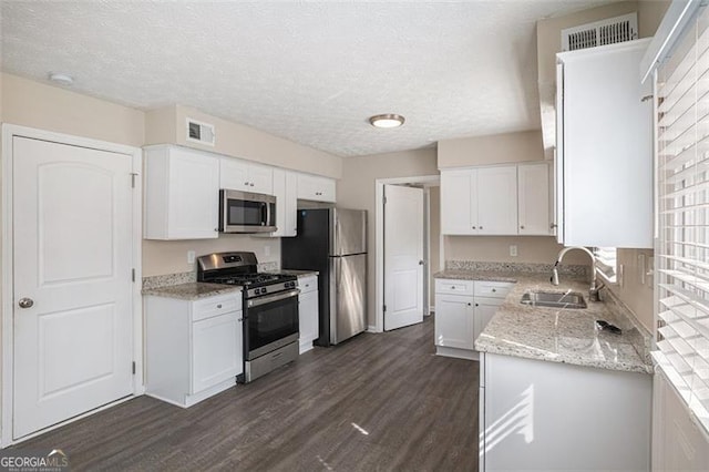 3822 Holland Dr, Snellville, GA 30039 - kitchen with visible vents, light stone counters, appliances with stainless steel finishes, and white cabinetry