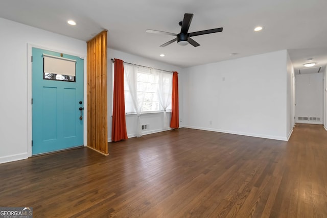 foyer featuring dark wood-style floors, recessed lighting, baseboards, and a ceiling fan