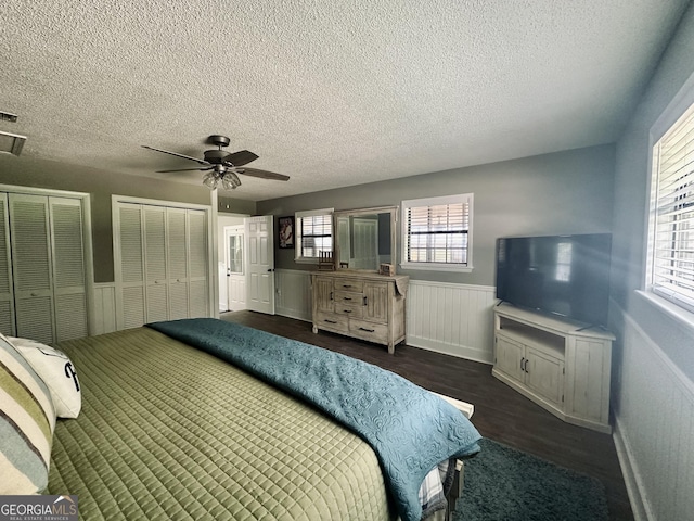 bedroom with a wainscoted wall, dark wood-style flooring, multiple windows, and multiple closets