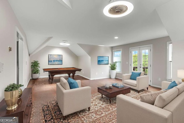 interior space with pool table, baseboards, visible vents, and french doors