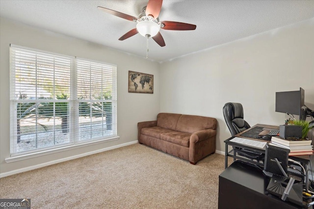 office with a textured ceiling, baseboards, and light colored carpet