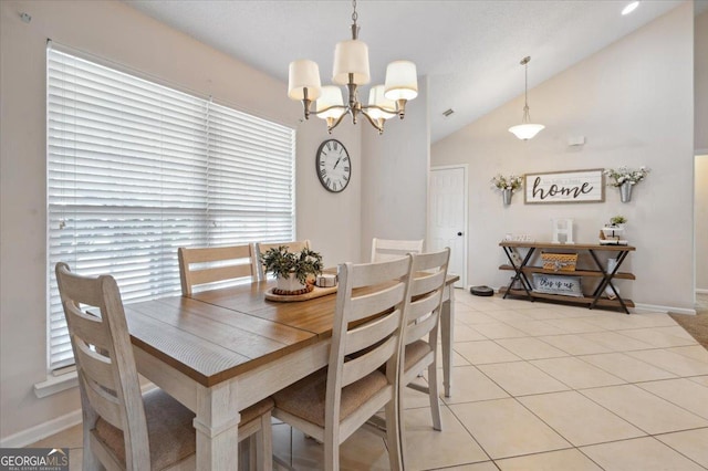 dining room featuring lofted ceiling, baseboards, a chandelier, and light tile patterned flooring