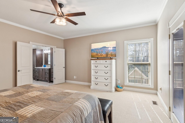 bedroom with light carpet, baseboards, visible vents, and ornamental molding