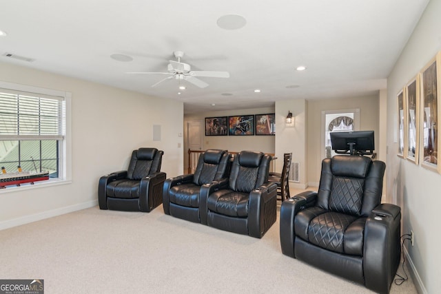 carpeted cinema featuring ceiling fan, recessed lighting, visible vents, and baseboards