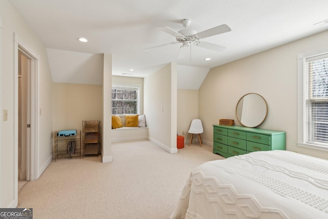 bedroom with recessed lighting, baseboards, vaulted ceiling, and light colored carpet