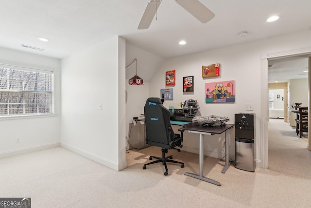 carpeted office with baseboards, visible vents, ceiling fan, and recessed lighting