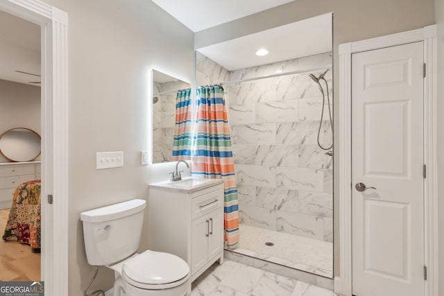 bathroom with toilet, marble finish floor, a shower stall, and vanity