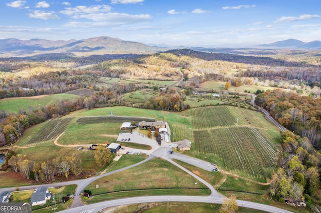 bird's eye view featuring a mountain view and a rural view