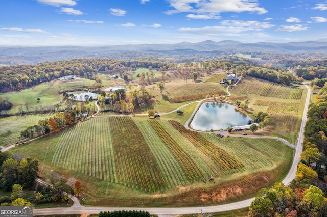 bird's eye view with a rural view and a water and mountain view