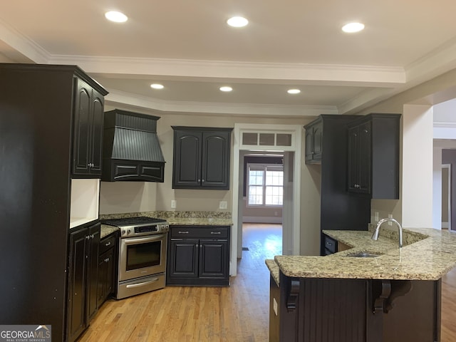 kitchen featuring gas range, a peninsula, custom exhaust hood, light wood-type flooring, and a sink