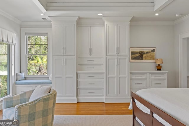 bedroom with crown molding, recessed lighting, and light wood-style floors