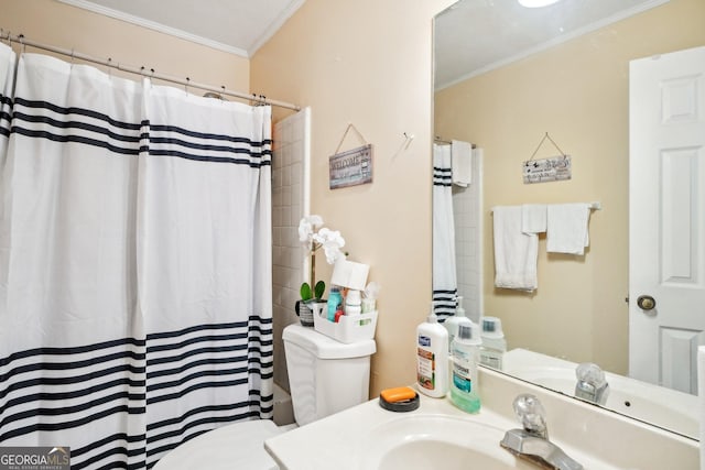 full bathroom with ornamental molding, a shower with curtain, vanity, and toilet