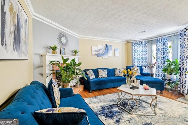 living area with ornamental molding, a textured ceiling, and wood finished floors