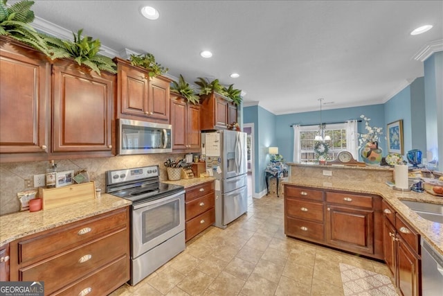 kitchen featuring light stone counters, brown cabinets, decorative light fixtures, stainless steel appliances, and ornamental molding