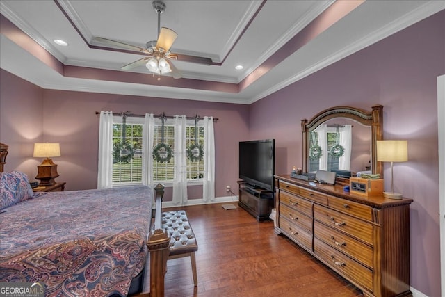 bedroom featuring a raised ceiling, multiple windows, and crown molding