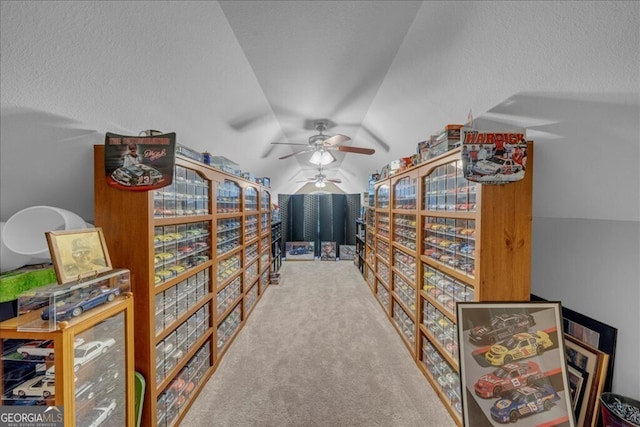 interior space featuring carpet floors, lofted ceiling, and a textured ceiling