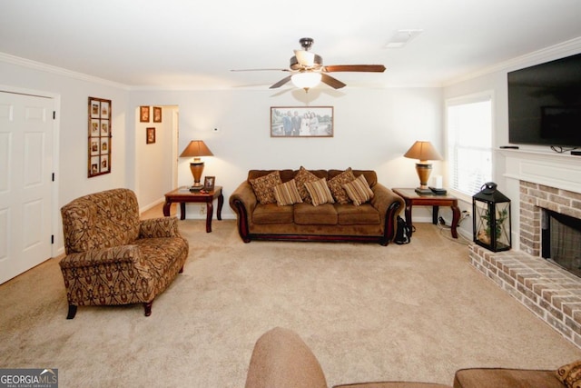 living room with light carpet, ornamental molding, and a brick fireplace