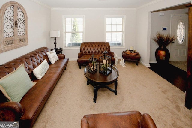 carpeted living room with crown molding and baseboards