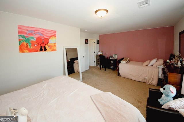 bedroom with light carpet and visible vents