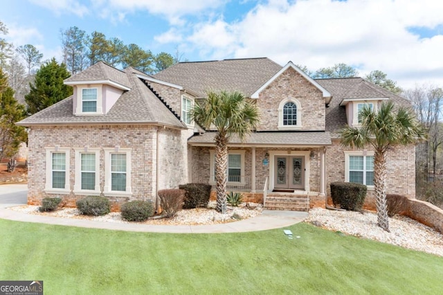 view of front of house with a front yard, french doors, roof with shingles, and brick siding