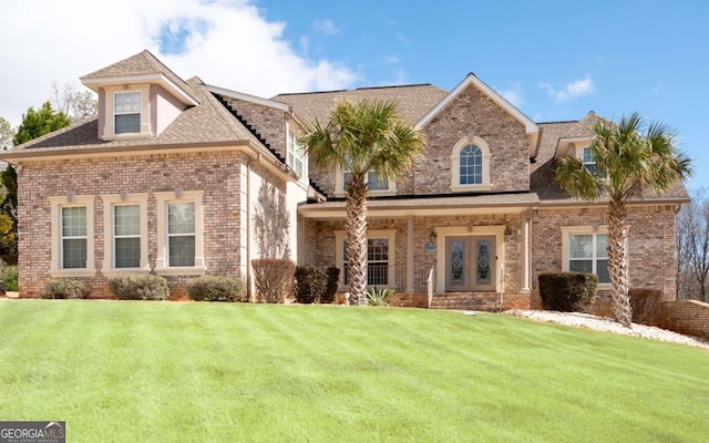 view of front of property with brick siding, a front yard, and a shingled roof