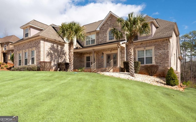 view of front of home with roof with shingles, a front lawn, and brick siding