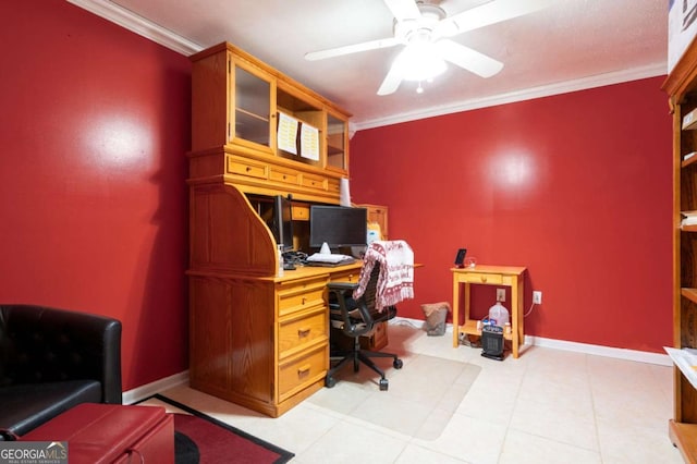 home office featuring baseboards, ceiling fan, and crown molding