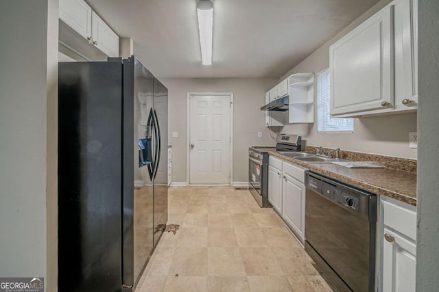 kitchen with under cabinet range hood, open shelves, white cabinetry, black appliances, and dark countertops