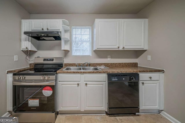 kitchen featuring electric range, white cabinets, a sink, dishwasher, and under cabinet range hood