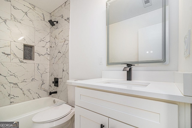 full bathroom with toilet, vanity, visible vents, and bathing tub / shower combination