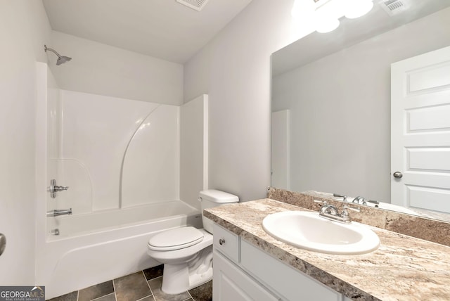 full bathroom featuring shower / bathtub combination, visible vents, toilet, vanity, and tile patterned flooring