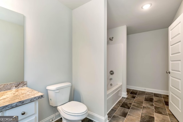 full bath with toilet, shower / bathtub combination, baseboards, and vanity