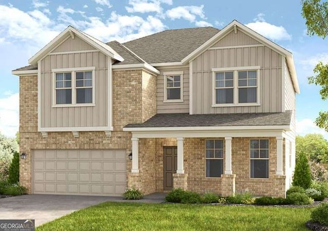 craftsman-style home featuring a garage, concrete driveway, brick siding, and board and batten siding