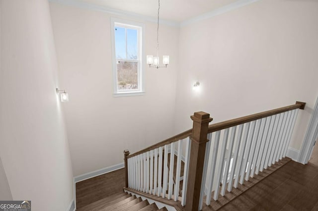 stairs featuring a notable chandelier, crown molding, wood finished floors, and baseboards