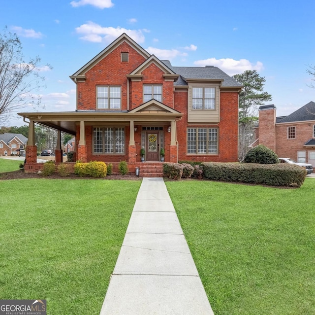 view of front of property featuring a front lawn and brick siding