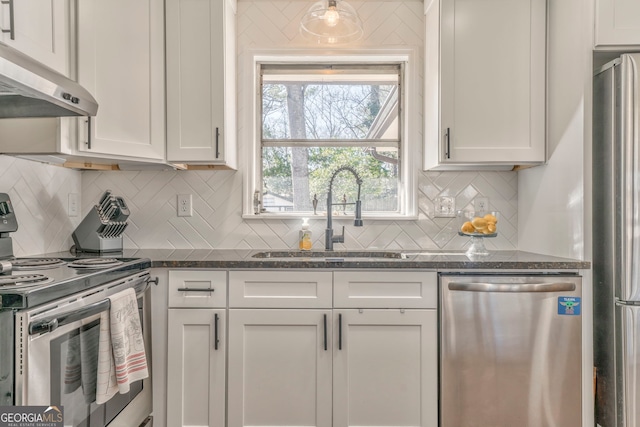kitchen featuring appliances with stainless steel finishes, a sink, white cabinetry, and under cabinet range hood