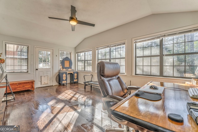 office area featuring a ceiling fan, lofted ceiling, and dark wood-style flooring